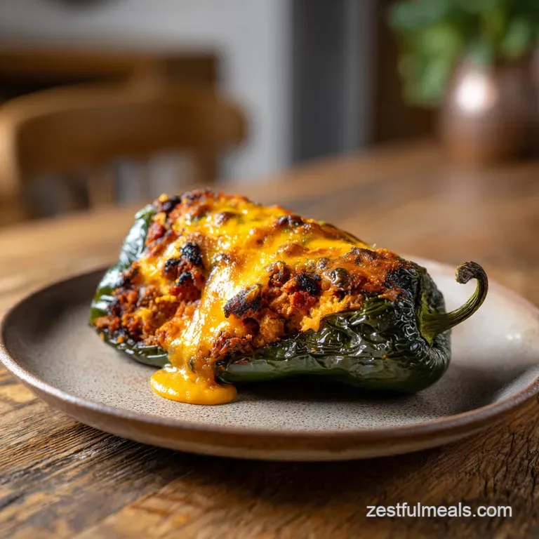A single, vibrant poblano pepper, glistening with melted cheese, resting on a bed of bright green cilantro.