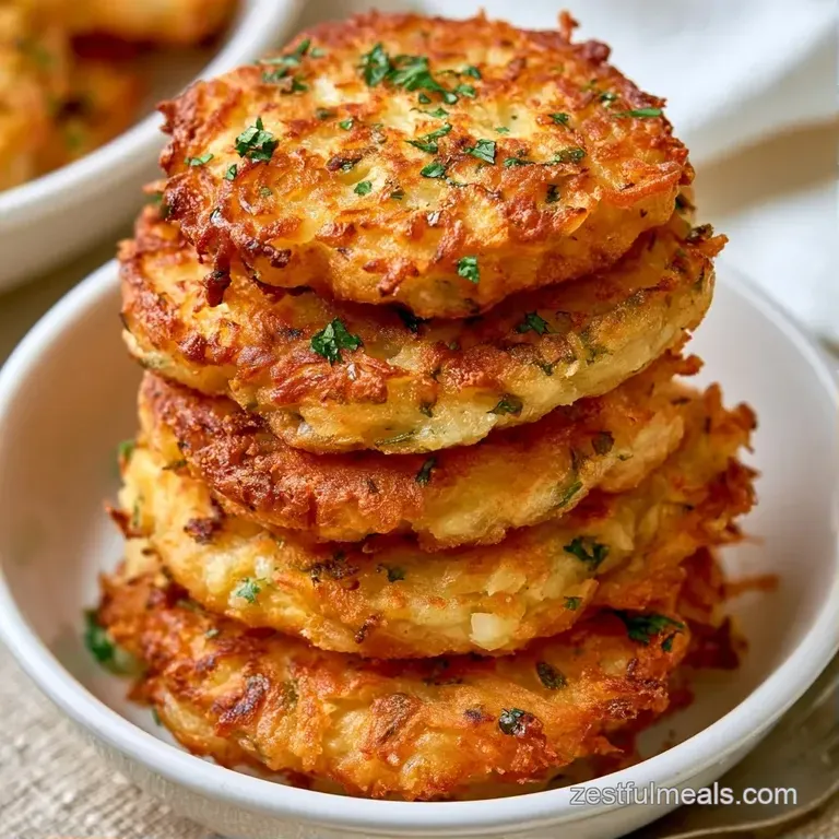 A stack of golden-brown fried cakes garnished with fresh green herbs and a swirl of cream on a modern ceramic plate.