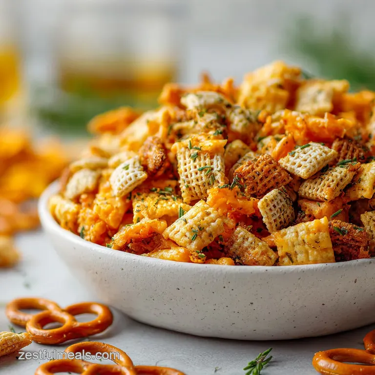 Mounded Chex mix in a rustic bowl, flecks of herbs and cheese, inviting ranch aroma implied through golden texture.