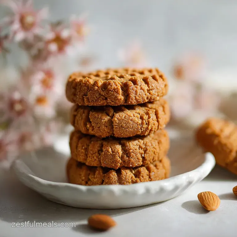 Stack of three chewy peanut butter cookies on a white plate, showcasing their irregular shapes and soft, tempting appearance.
