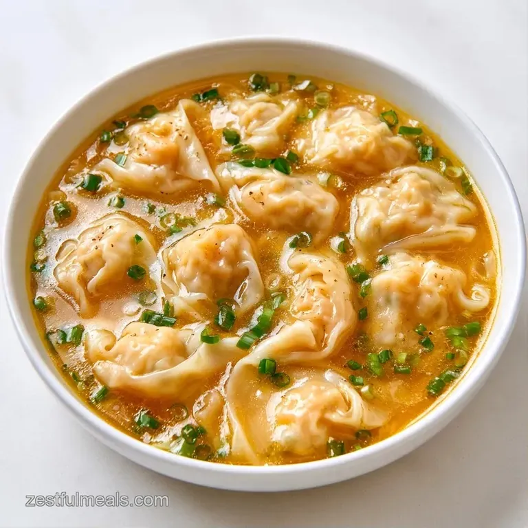 Steaming golden broth in a white ceramic bowl with delicate translucent dumplings and fresh green onion slices.