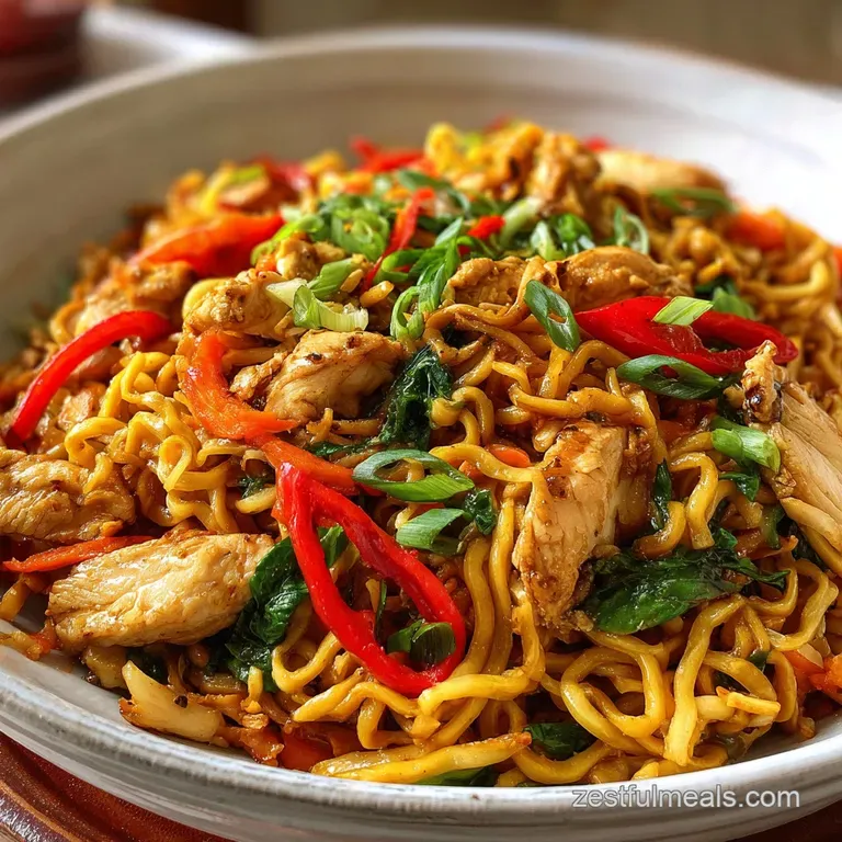 Plated chow mein featuring glossy noodles, colorful peppers, juicy chicken, and a scattering of fresh green onions.