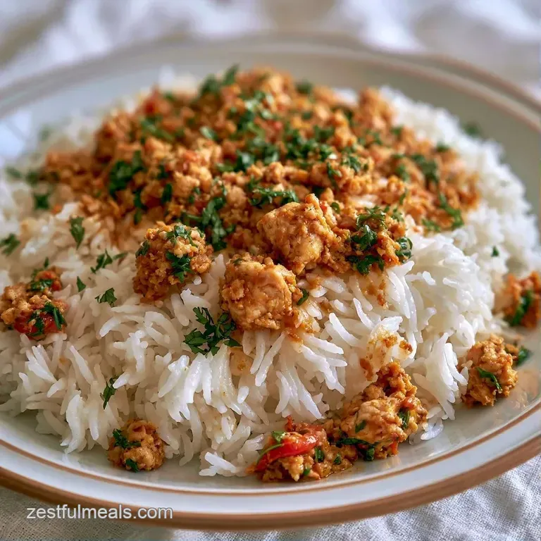 Fragrant yellow and white rice layered with spiced minced meat, garnished with fresh cilantro in a white ceramic bowl.