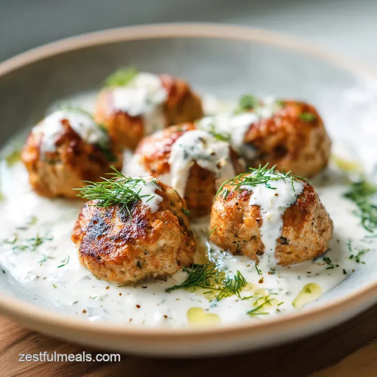 Elegantly plated chicken kofta with toasted pita, vibrant green herbs, and a generous dollop of smooth, glossy garlic yogu...