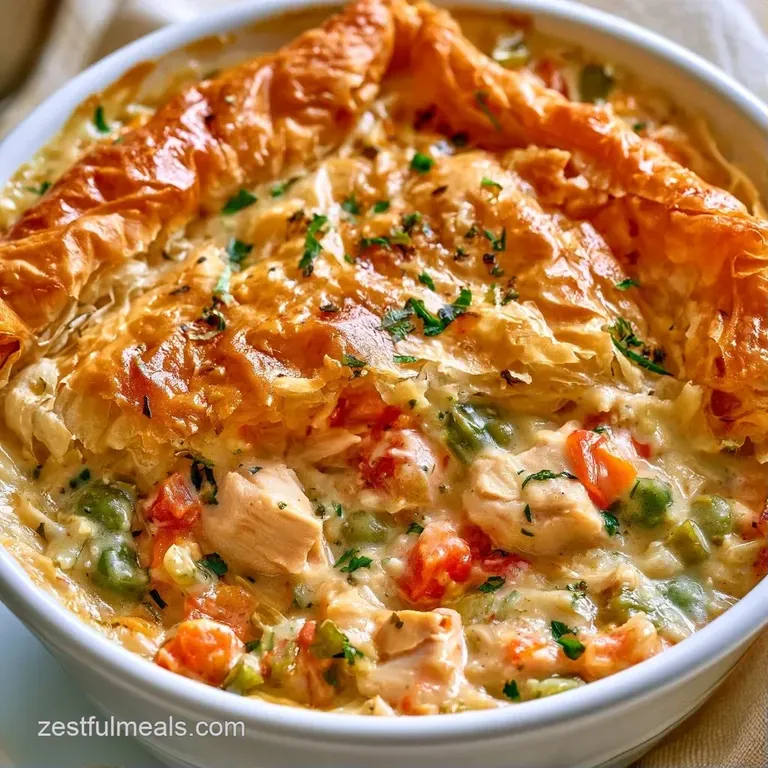 Crisp, layered golden pastry atop a creamy vegetable stew in a white ramekin, garnished with a sprig of fresh parsley.