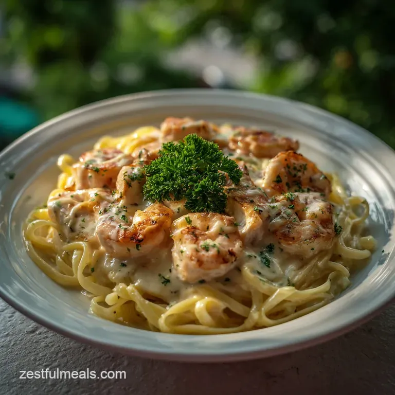 Elegant white plate showcasing a portion of chicken and shrimp Alfredo. The glossy sauce clings to the pasta, offering a d...