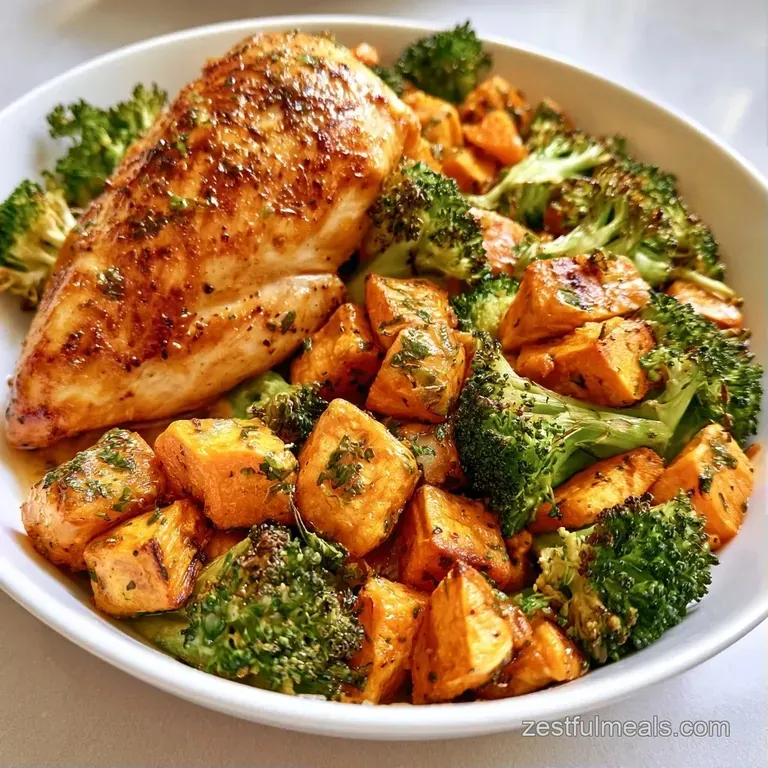 Four glass containers filled with vibrant orange roasted potatoes, seared chicken, and steamed green broccoli florets.