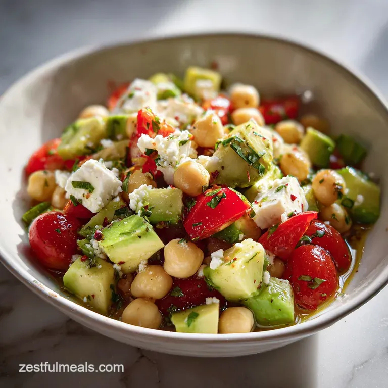 A spoonful of green & yellow chickpea salad. Feta crumbles & deep brown balsamic cling to the ingredients.