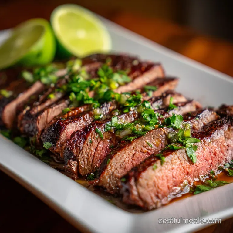 Slices of tender flank steak artfully arranged, glistening with lime. Garnish of cilantro and a bright red chili pepper.