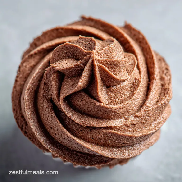 Elegant dollop of fluffy chocolate buttercream, peaks and valleys catching the light, creating depth, irresistible texture.
