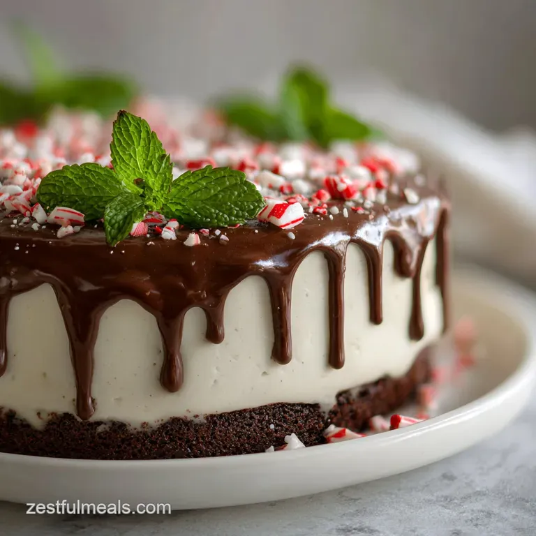 Slice of rich chocolate cake with creamy peppermint frosting, garnished with vibrant red and white peppermint shards on a ...