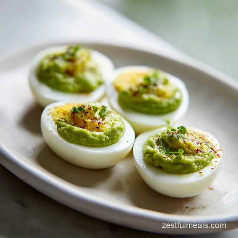 Elegant white ceramic plate featuring green avocado-filled eggs garnished with tiny red pepper bits and fresh chives.