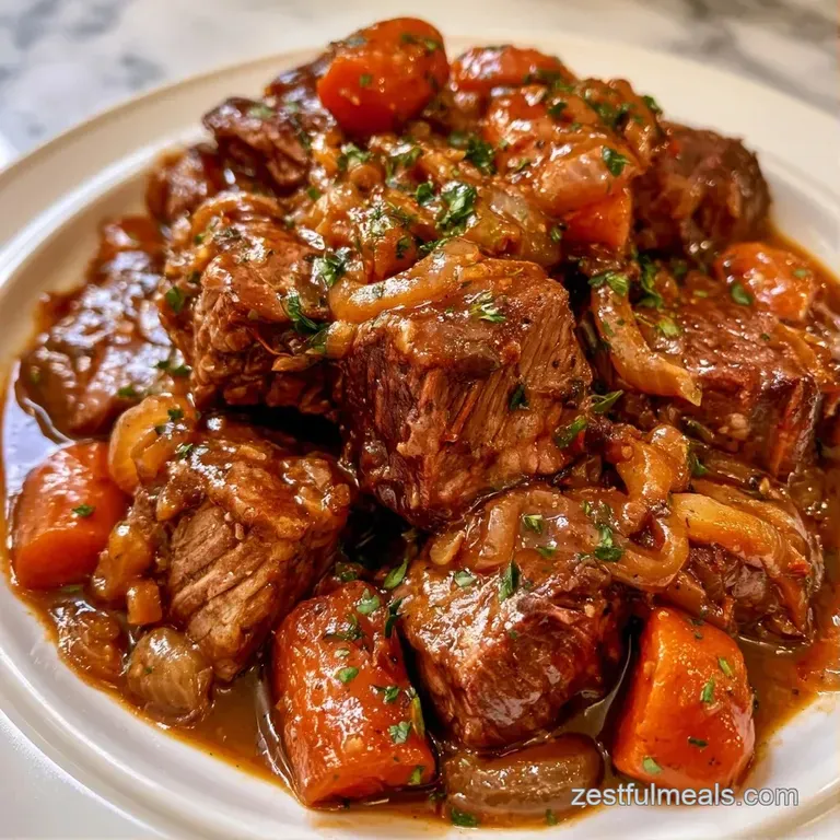 Thick slices of juicy brown beef arranged on a white platter, drizzled with glossy sauce and fresh parsley.