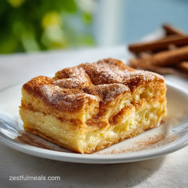 A neat stack of churro cheesecake bars drizzled with caramel sauce and a sprinkle of cinnamon.