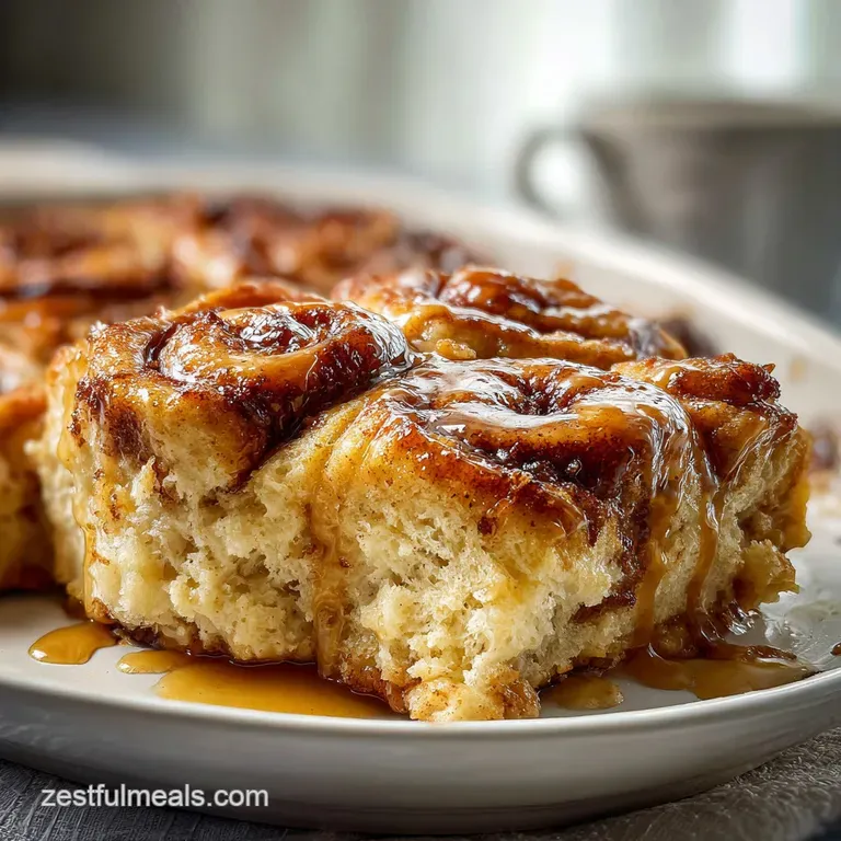Warm cinnamon roll square on a white plate, topped with a smooth cream cheese frosting. Cinnamon swirls add a cozy feel.