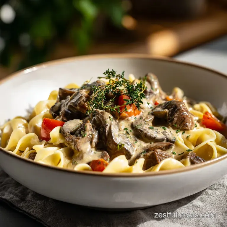 A perfectly plated serving of beef stroganoff, showcasing tender steak, earthy mushrooms, and a swirl of decadent sauce.