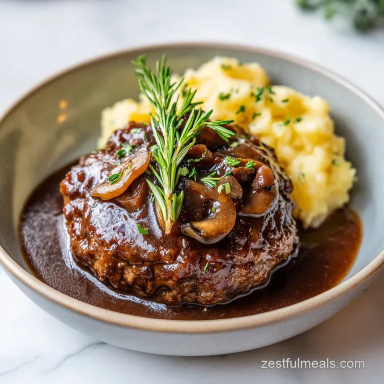 Plated Salisbury steak with a glossy gravy drizzle, nestled beside fluffy mashed potatoes and vibrant green peas.