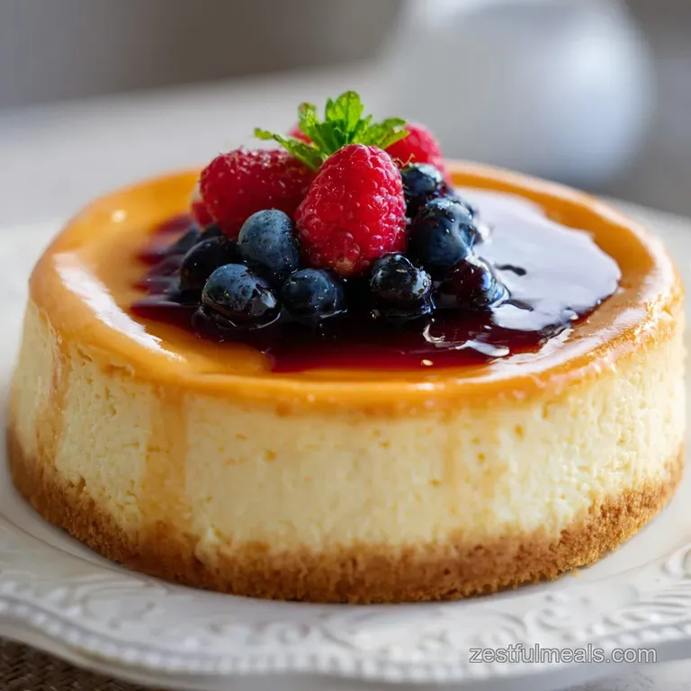 A generous slice of cheesecake, topped with a swirl of vibrant berry coulis on a white plate.