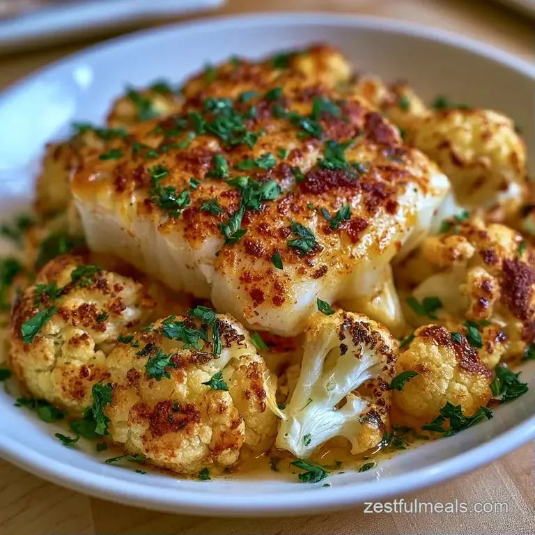 A minimalist white plate featuring a seared fish fillet atop smooth cauliflower mash with a bright lemon wedge.