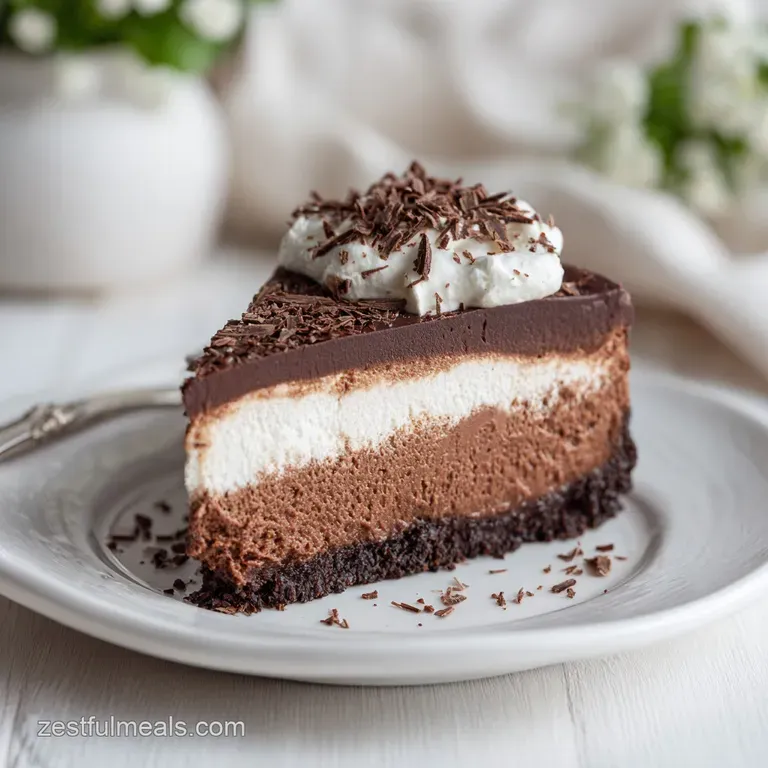 A velvety slice of chocolate cheesecake on a white plate, drizzled with glossy ganache.
