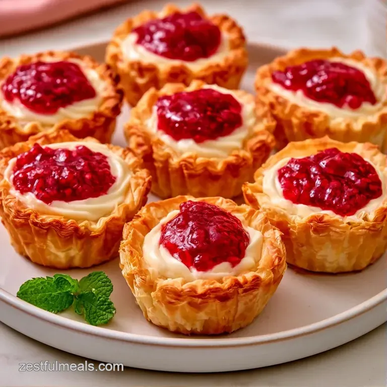 Elegant arrangement of flaky golden pastry cups filled with velvety white cream, garnished with a fresh mint leaf.