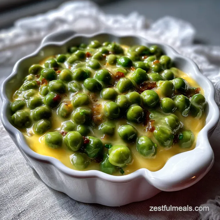 Silky green peas artfully arranged in a shallow bowl. Hints of cream and a touch of black pepper add a delightful visual a...
