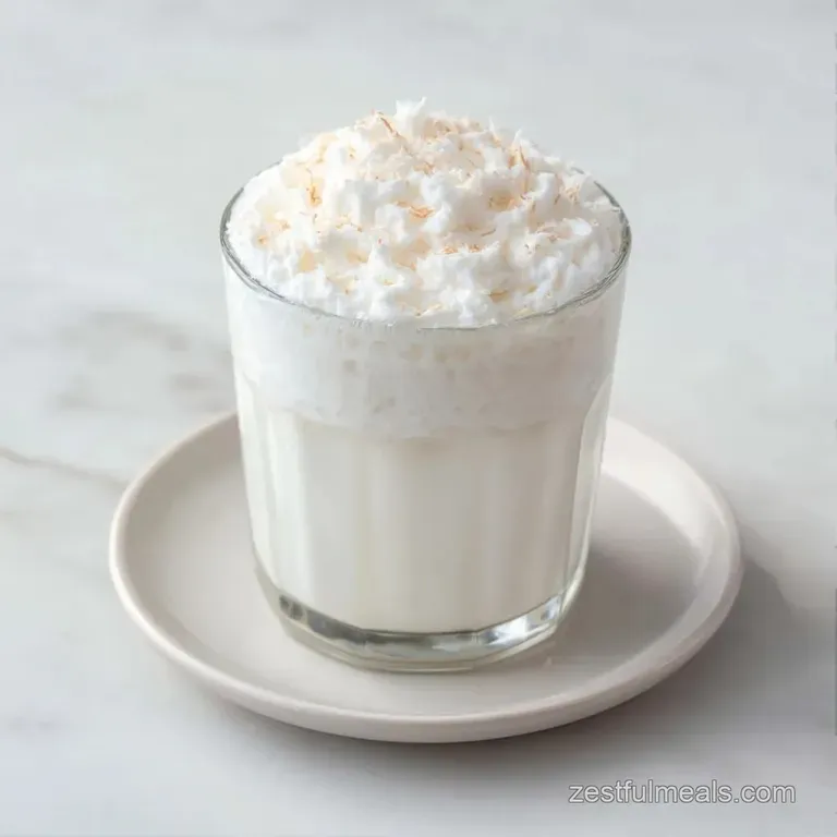 Elegant glass showing smooth white liquid layers resting on a white linen cloth with a side of fresh coconut chunks.