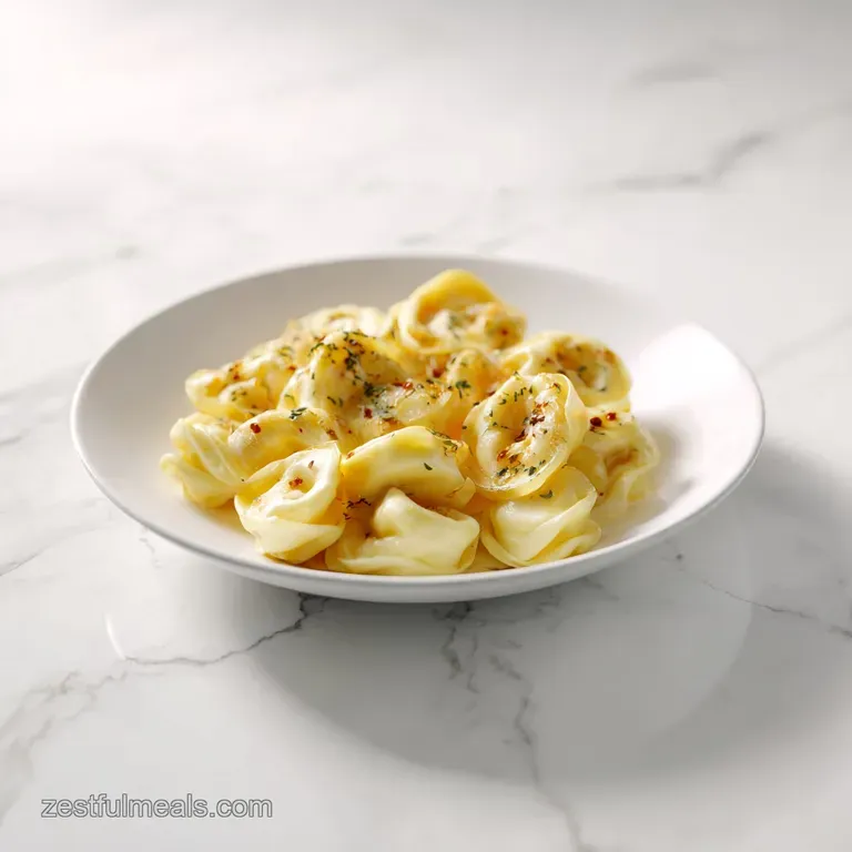 A steaming bowl of French onion tortellini, adorned with melted Gruy&egrave;re and fresh parsley.