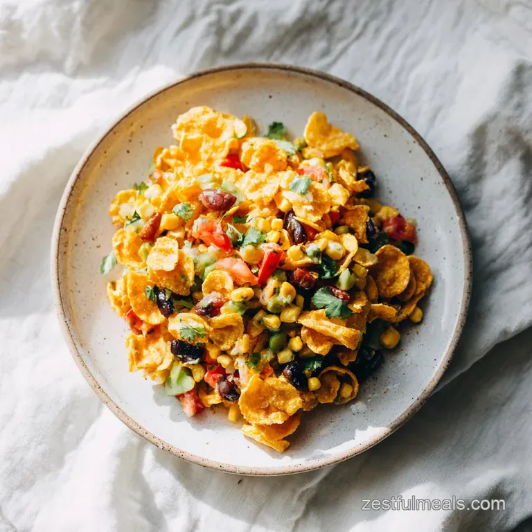 A generous scoop of corn salad with Frito crumbles and fresh parsley, artfully arranged.