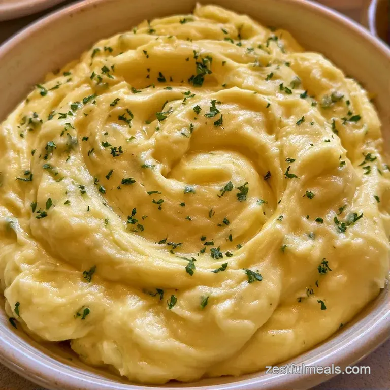 A swirl of fluffy white potato puree on a slate platter, garnished with toasted garlic chips and a drizzle of olive oil.