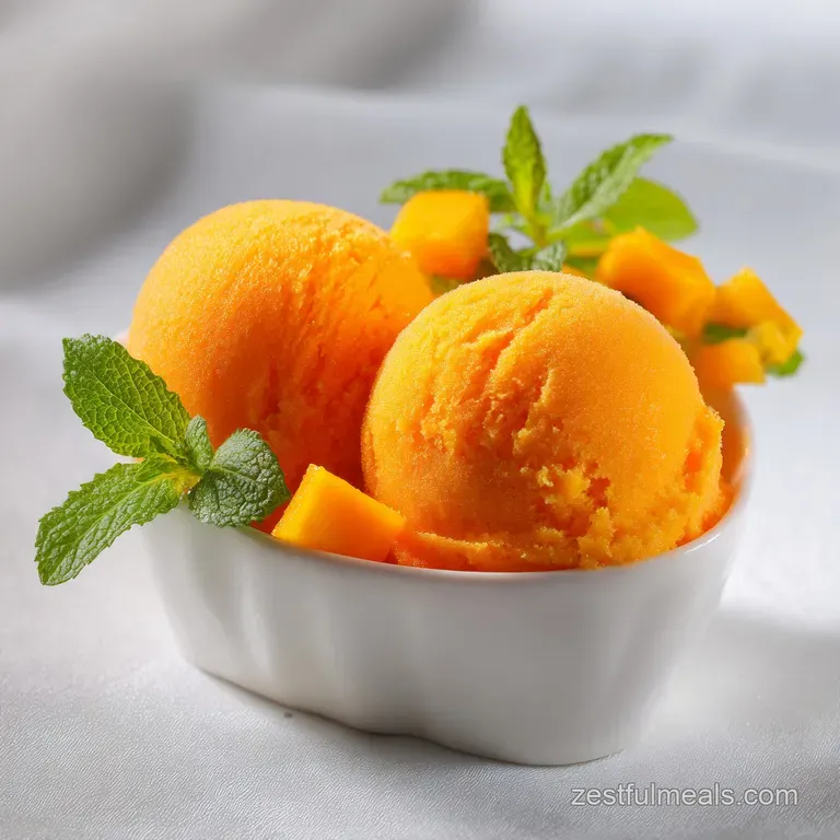 Three scoops of bright yellow frozen treat garnished with fresh mint leaves and small cubes of ripe mango.