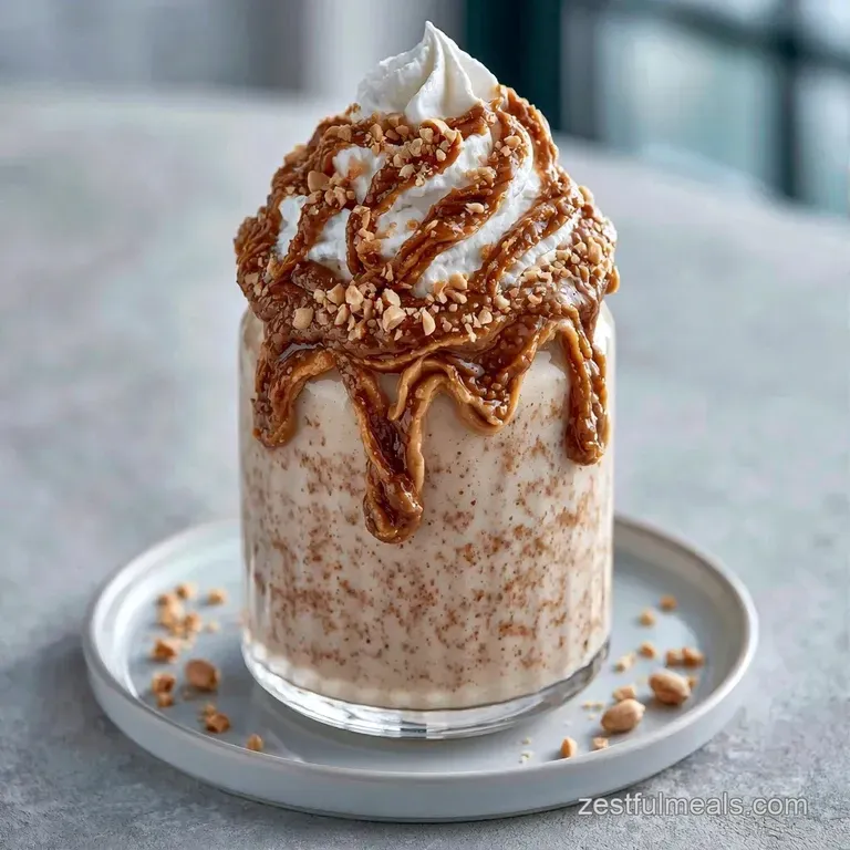 A chilled glass of smooth beige shake garnished with a swirl of cream and a striped straw on a wooden table.