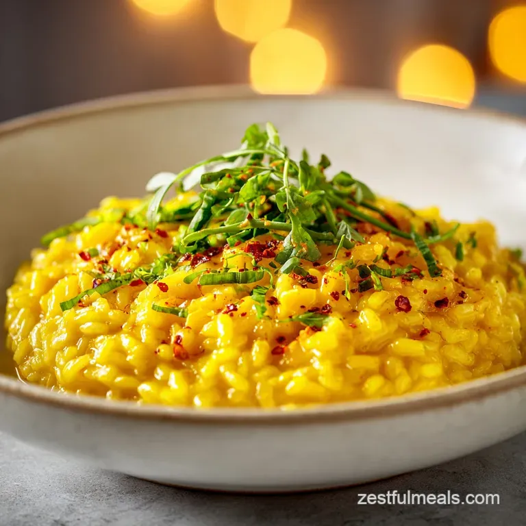 A generous swirl of golden sweet corn risotto elegantly plated, garnished with microgreens and a sprinkle of Parmesan.