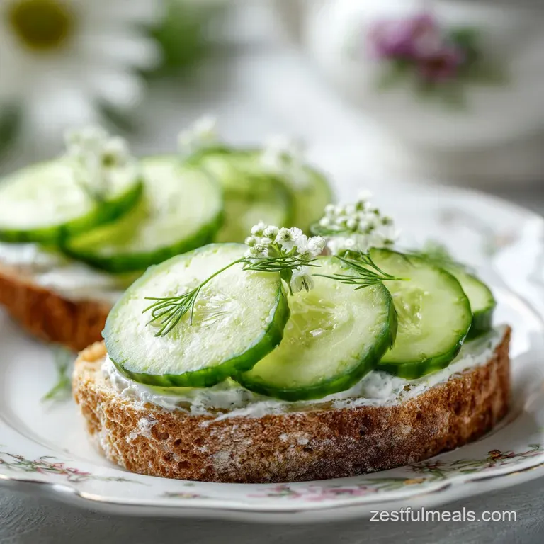 Elegant cucumber sandwiches plated with sprigs of dill. Delicate, light appetizer ready to be enjoyed at afternoon tea.