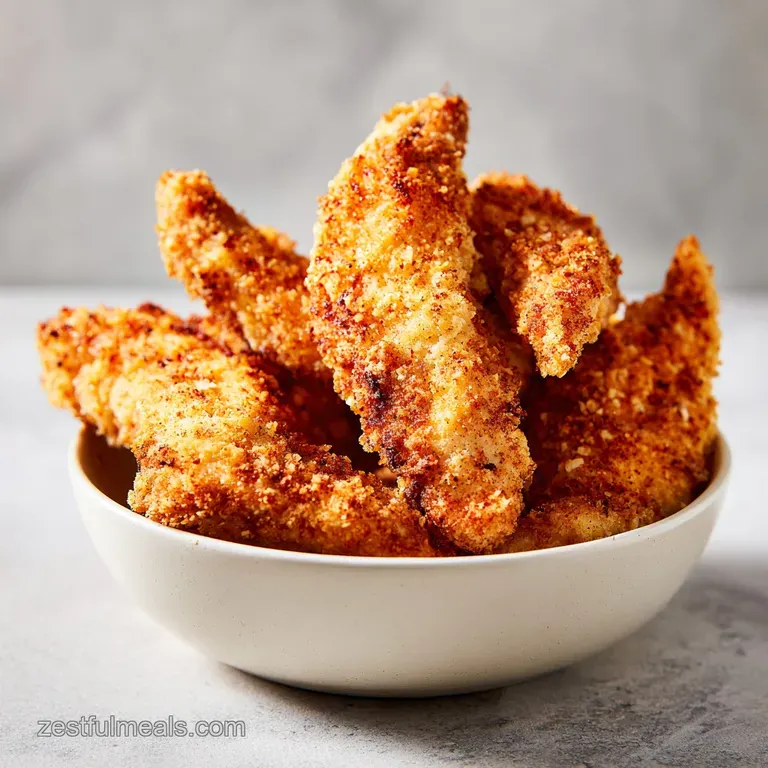 Crispy breaded chicken strips arranged neatly on a white plate with a side of honey mustard and fresh parsley.