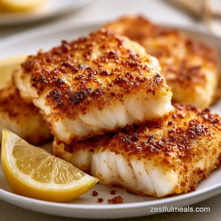 Flaky white fish fillets with a golden crust plated beside steamed asparagus and a vibrant slice of lemon.