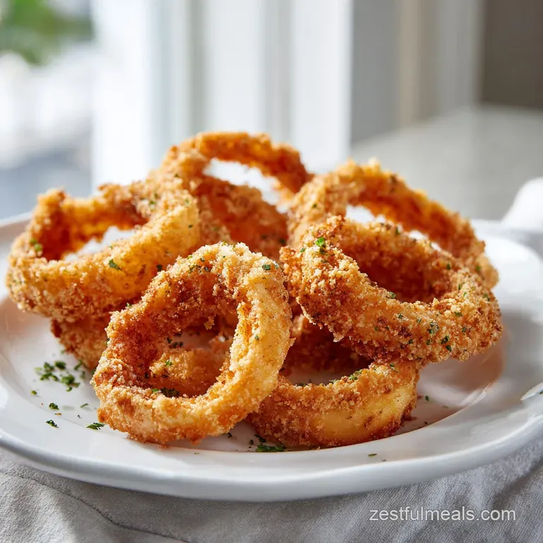 Stack of crispy, golden onion rings with a dipping sauce, presented on a rustic wooden board. Simple and delicious.