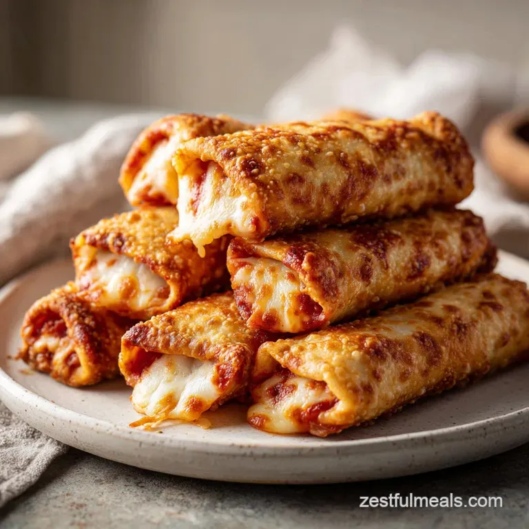 Perfectly browned pizza rolls, artfully stacked with a vibrant marinara dipping sauce and fresh basil garnish on the side.