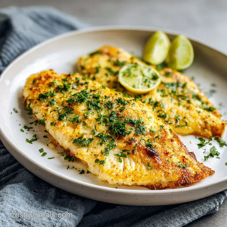 Flaky white tilapia fillet, glistening with lemon juice and herbs, served with vibrant green asparagus and a lemon wedge o...
