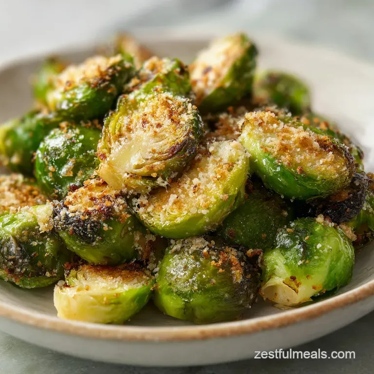 Perfectly browned Brussels sprouts glisten on a white plate. Flakes of garlic and herbs add vibrant color & texture to the...