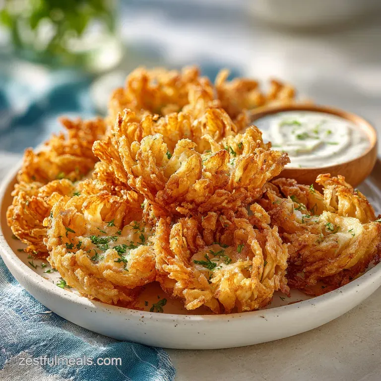A perfectly bloomed onion, golden and crisp, presented on a plate. A small bowl of creamy, speckled dipping sauce sits bes...