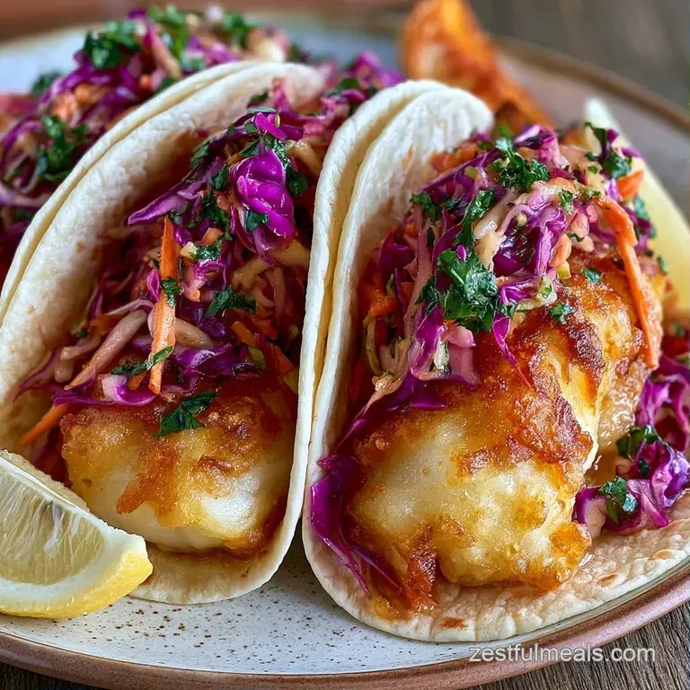 Three golden fish tacos lined up on a slate platter with vibrant purple cabbage and fresh cilantro leaves.