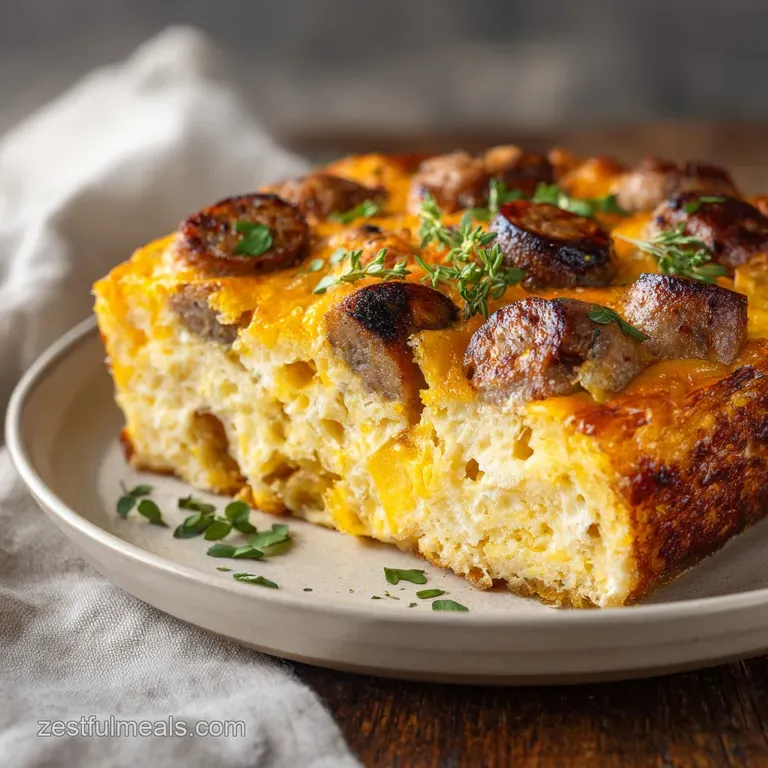 Slice of hearty egg casserole featuring crispy hash browns and vibrant green onions on a clean, white plate.