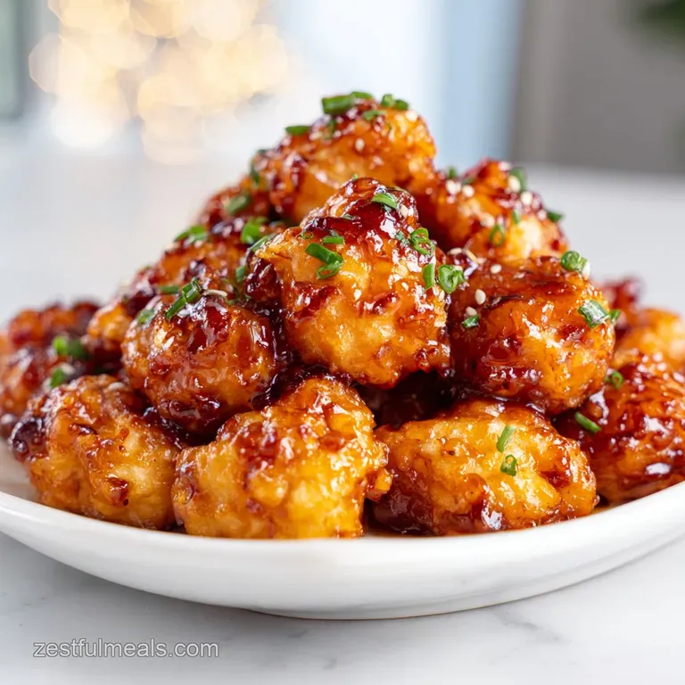 Crispy chicken pieces drizzled with a shiny honey-garlic glaze, artfully arranged on a white plate and garnished with scal...