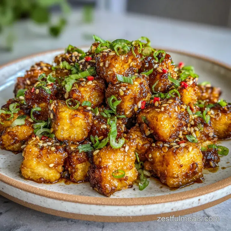 Glossy honey garlic tofu arranged artfully on a white plate with a sprinkle of sesame seeds and vibrant green scallions. A...