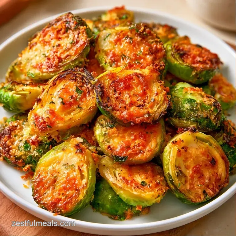 Golden-charred sprouts piled high on a white ceramic plate, garnished with fresh parsley and melted cheese.