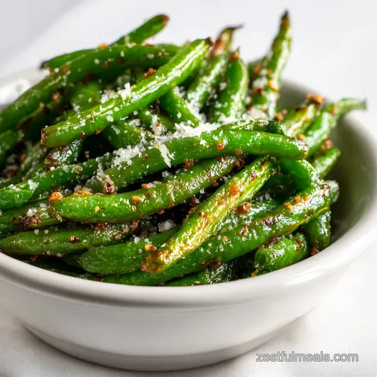 A vibrant mound of Parmesan-crusted green beans, glistening and artfully arranged on a rustic white plate.