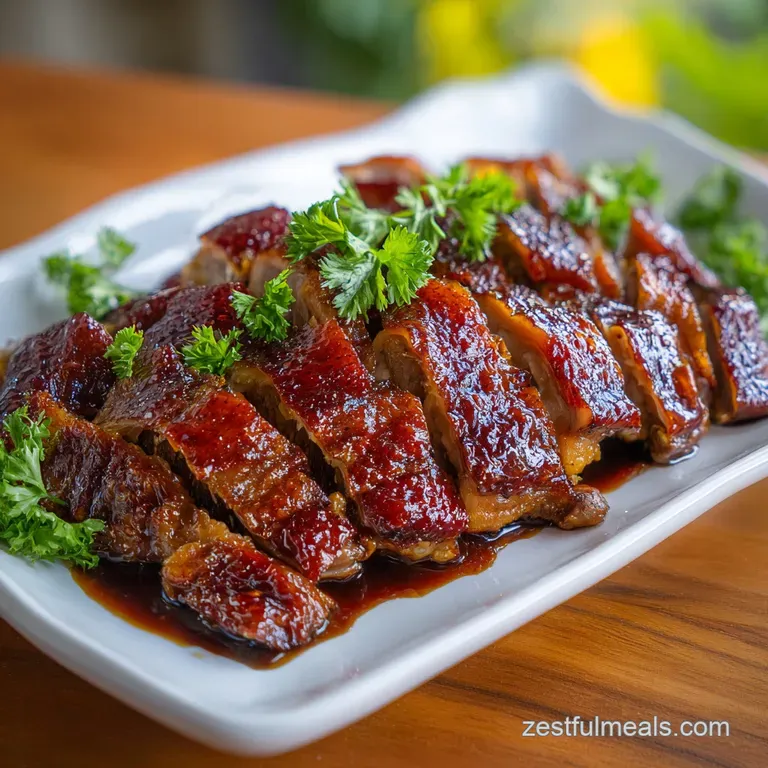 Perfectly sliced roast duck breast, skin up, beside thyme sprigs, with a rich dark sauce drizzled across a white plate.