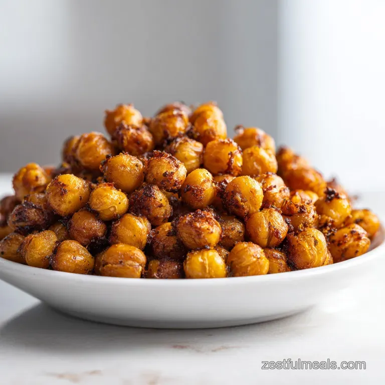 Crispy chickpeas piled high in a rustic bowl, glistening with oil and spices, sprinkled with fresh herbs for added color.