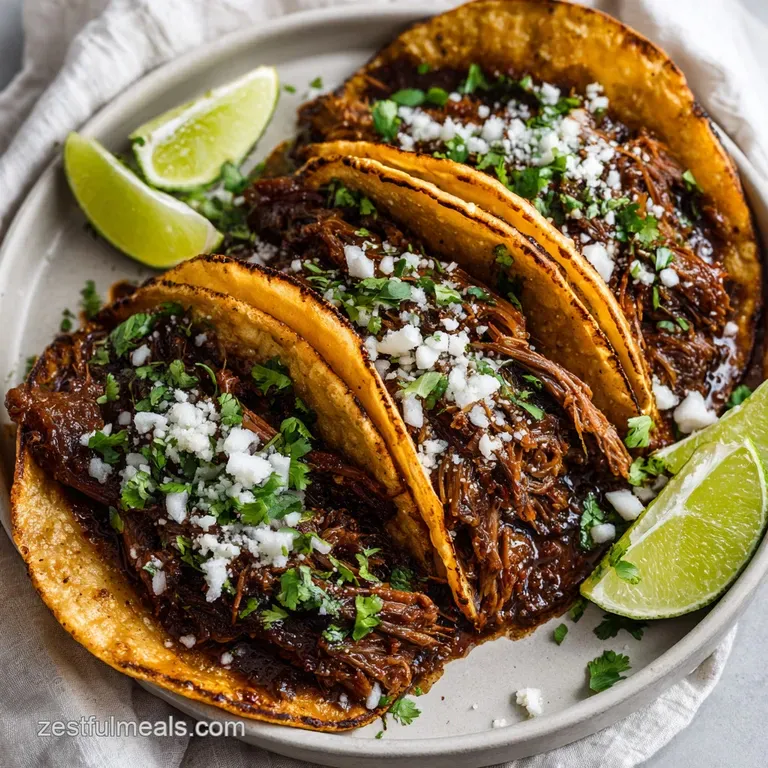 Crispy, golden-brown corn tortillas cradling rich, savory shredded beef, garnished with fresh lime wedges.